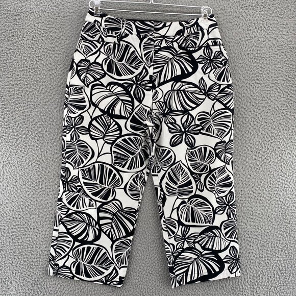 Talbots Pants Womens 8 Petite Black White Fern Floral Stretch Capri Crop Vintage - Picture 1 of 13